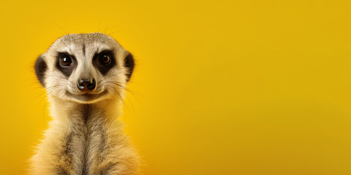 Portrait of a meerkat with open mouth isolated on bright yellow background. Banner, place holder, copy space.