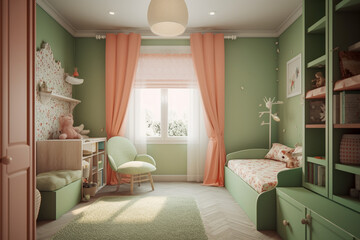 Fototapeta na wymiar Modern cozy childrens room, classic interior design with light coral, green and white colors. Super photo realistic background, generative ai illustration