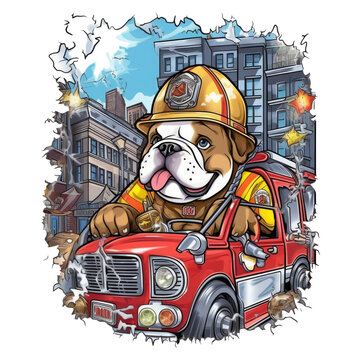 Firefighter English Bulldog t-shirt design, An English Bulldog wearing a firefighter suit and helmet, sitting in a firetruck with a happy expression and sticking, Generative Ai