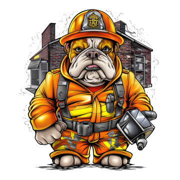 Firefighter English Bulldog t-shirt design, A muscular English Bulldog wearing a firefighter uniform with a yellow helmet, standing in front of a burning building while holding a hose, Generative Ai