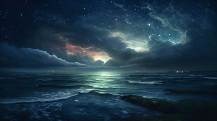 Cloudy night ocean landscape with the Moon and stars. AI generated.