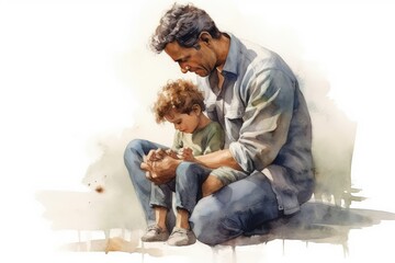 Child: A heartwarming picture representing the diverse range of relationships between fathers and children, emphasizing the unique connection with each child. Watercolor, Father's Day Concept.