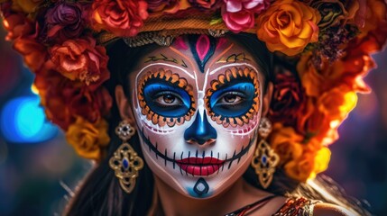 Portrait of a woman wearing beautiful Day of the Dead costumes and skull makeup. Generative AI