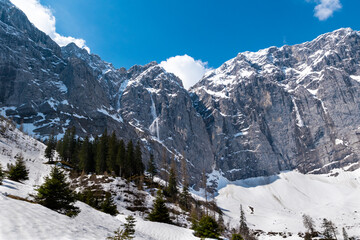 View of the rock wall in Enger Grund amidst snowy alpine landscape with small snow avalanches