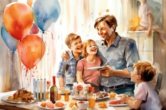 Celebration: A festive picture illustrating the joyous atmosphere of Father's Day festivities, with decorations, gifts, and cheerful expressions. Watercolor, Father's Day Concept. 