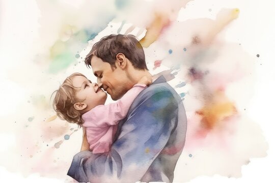Child: A heartwarming picture representing the diverse range of relationships between fathers and children, emphasizing the unique connection with each child. Watercolor, Father's Day Concept.