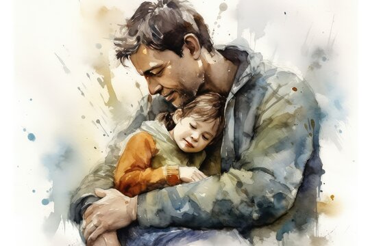 Child: A heartwarming picture representing the diverse range of relationships between fathers and children, emphasizing the unique connection with each child. Watercolor, Father's Day Concept.