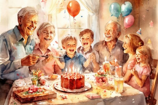 Celebration: A festive picture illustrating the joyous atmosphere of Father's Day festivities, with decorations, gifts, and cheerful expressions. Watercolor, Father's Day Concept. 