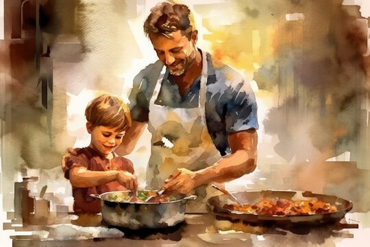 Cooking: An engaging photo showcasing a father and child teaming up in the kitchen, cooking or baking together, emphasizing shared experiences and skills. Watercolor,