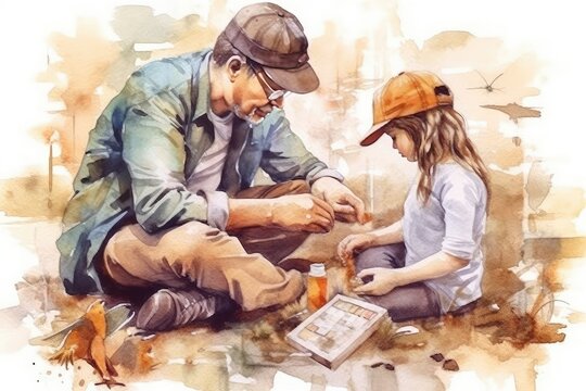 Father and child doing a puzzle or solving riddles together. Watercolor, Father's Day concept.