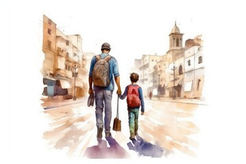 Fototapeta na wymiar Father and child going on a historical or cultural tour of their city. Watercolor, Father's Day Concept.