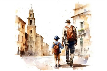 Father and child going on a historical or cultural tour of their city. Watercolor, Father's Day Concept.