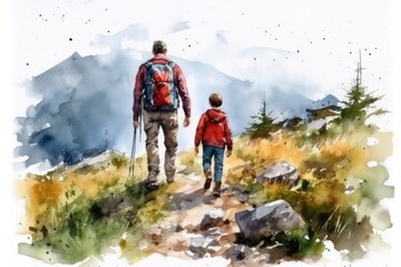 father and child hiking in the mountains
