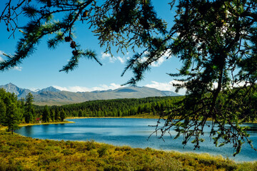 Fototapeta na wymiar Beautiful natural landscape, picturesque mountain lake in sunny summer day. Big panorama, Altai, Siberia.