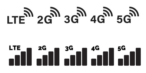 Obraz premium cellular network signal settings. mobile network power icon set. 2g, 3g, 4g, 5g and LTE network. no full range or signal icon set. UX UI mobile icon signal strength set