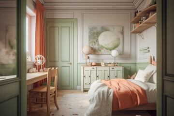 Modern cozy childrens room, classic interior design with light coral, green and white colors. Super photo realistic background, generative ai illustration
