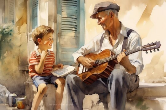parent and child playing guitar, father's day concept 