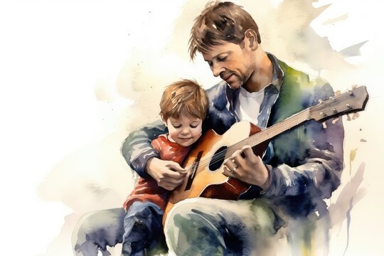 father and child playing guitar, father's day concept