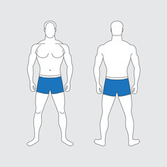 Adult muscular slender man in blue swimming trunks
