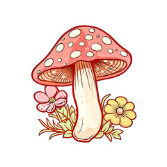 Cute Mushroom Whimsical Magical Fantasy Clip Art - Purple with Flower - Vintage Transparent Background AI generated
