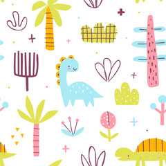 Cute jurassic pattern with dino and plants. Seamless scandinavian vector print with abstract dinosaurs for baby textile.