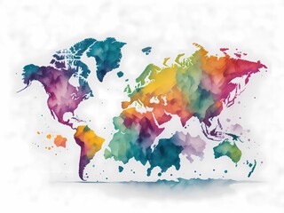 World map with abstract rainbow splattered paint on a white background. Generative ai.