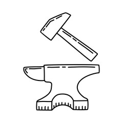 Steel anvil doodle, forge workshop. Line art style vector.