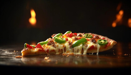 Slice of pizza with mozzarella, spicy beef, jalapeño peppers, green peppers, sliced onions and a sprinkling of red chilli peppers