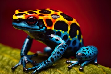 Red-and-yellow poison dart frog on a black background, a vibrant depiction of wildlife brought to life by Generative AI