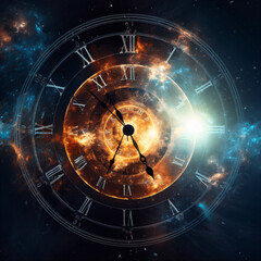 Cosmic time and energy concept background. Time travel machine abstract background. AI generated.