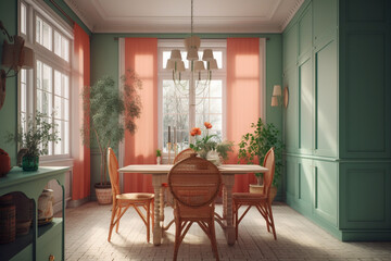 Modern cozy kitchen, classic interior design with light coral, green and white colors. Super photo realistic background, generative ai illustration