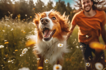 Playful and happy dog runs through a flower meadow with his owner 