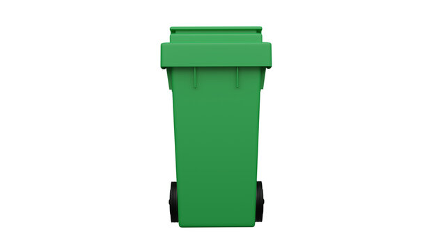 Plastic green recycling bin on wheels isolated on transparent background. Garbage concept. 3D render