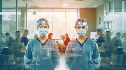 AI Generated: Team of Doctors and Nurses in Hospital Background. Double Exposure of Healthcare Professionals. Generative AI.