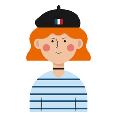 French woman with beret hat on white background