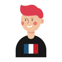 Man with national flag of France on his clothes against white background