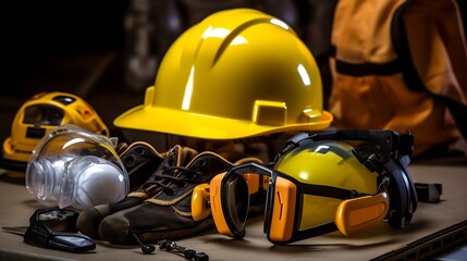 AI Generated: Workplace Safety Equipment - Hard Hat, Ear Protection, Safety Glasses, and Gloves. Real Life Photo of Safety Gear on White Background. Generative AI.