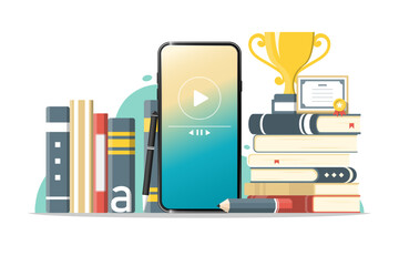 Online education concept, Smartphone with book, trophy, certificate frame, pen on isolated background, Digital marketing illustration.