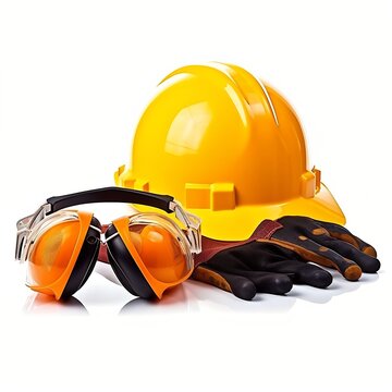 AI Generated: Workplace Safety Equipment - Hard Hat, Ear Protection, Safety Glasses, and Gloves. Real Life Photo of Safety Gear on White Background. Generative AI.