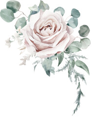 Watercolor Bouquet with Roses and Eucalyptus Branches on Transparent Background