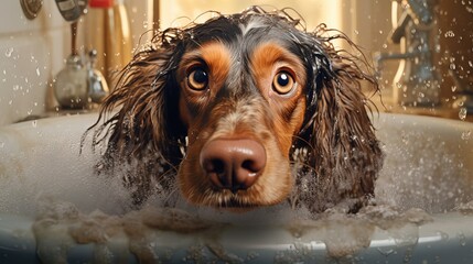 Wet dog bathing in a sink. Generative AI.