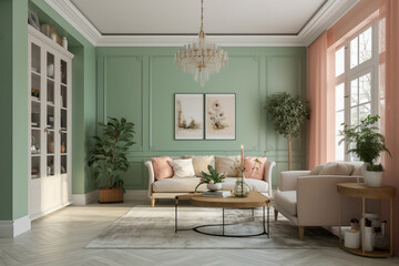 Modern cozy living room, classic interior design with light coral, green and white colors. Super photo realistic background, generative ai illustration