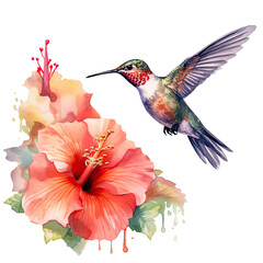 Obraz premium Watercolor Bird Hummingbird Flying Around the Fuchsia Flowers Summer Garden Illustration Set isolated on transparent background. Ai generative.