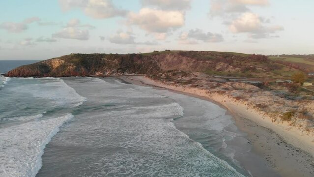 Snelling Beach in Kangaroo Island at sunset. Panoramic aerial view