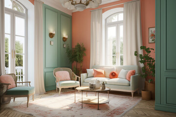 Fototapeta premium Modern cozy living room, classic interior design with light coral, green and white colors. Super photo realistic background, generative ai illustration
