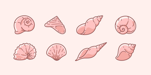 Seashell contour illustration. Line art icon set.