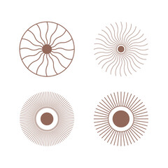 Sun design element. Set of 4 geometric shape. Modern linear design emblem. Simple contour vector element for pattern, badge, insignia.