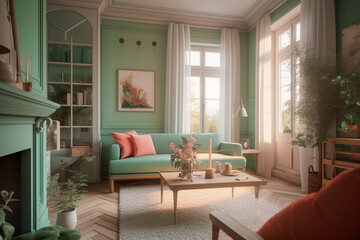 Modern cozy living room, classic interior design with light coral, green and white colors. Super photo realistic background, generative ai illustration