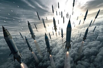 A formation of military intercontinental ballistic missiles soared through the expansive sky, a formidable display of strategic power and technological advancement. Generative AI - obrazy, fototapety, plakaty