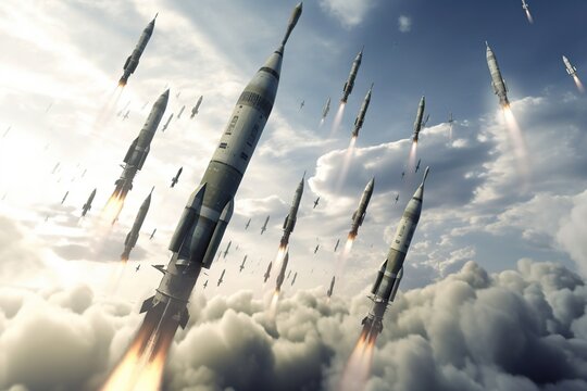 A formation of military intercontinental ballistic missiles soared through the expansive sky, a formidable display of strategic power and technological advancement. Generative AI